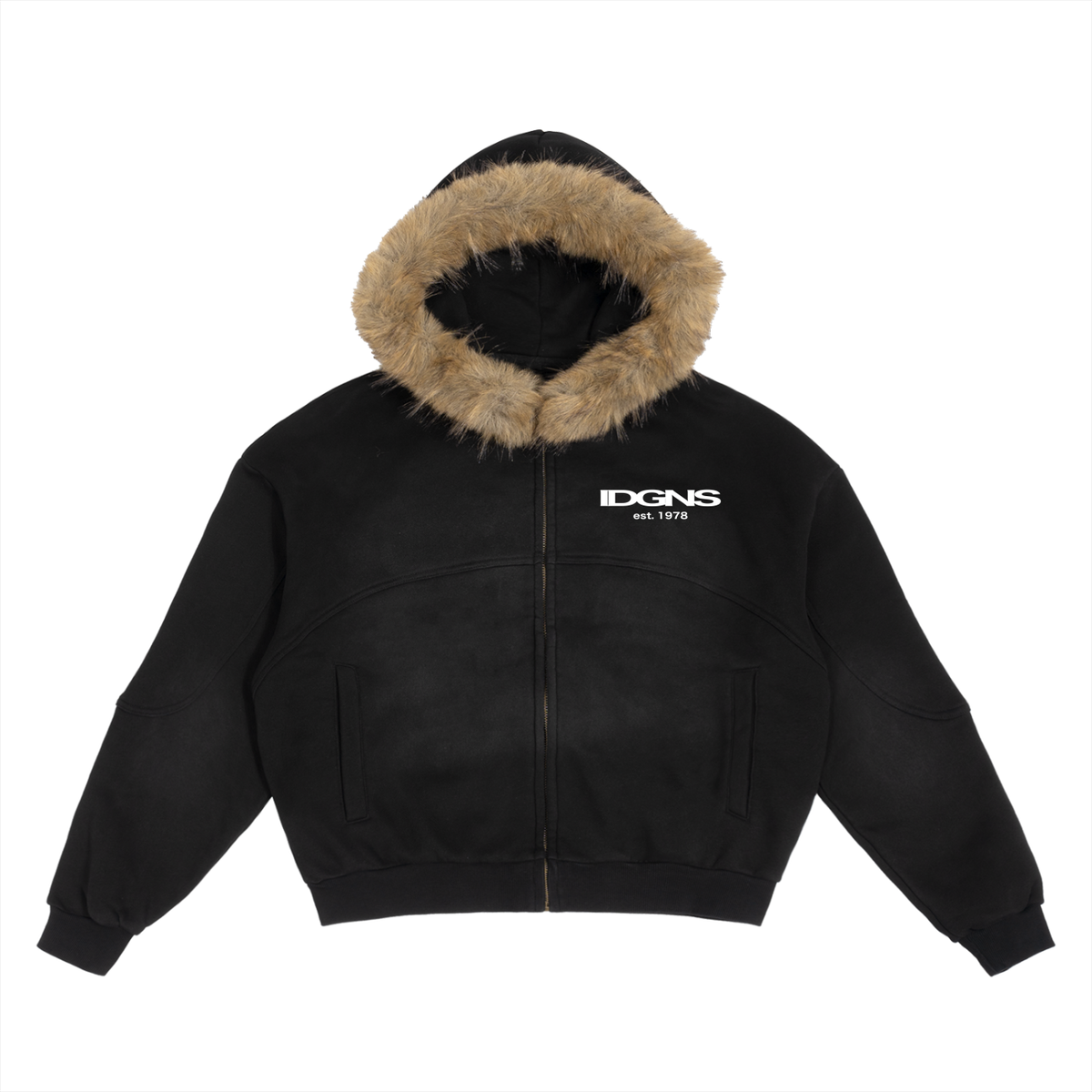 IDGNS Sun Fade Boxy Detachable Fur Hoodie