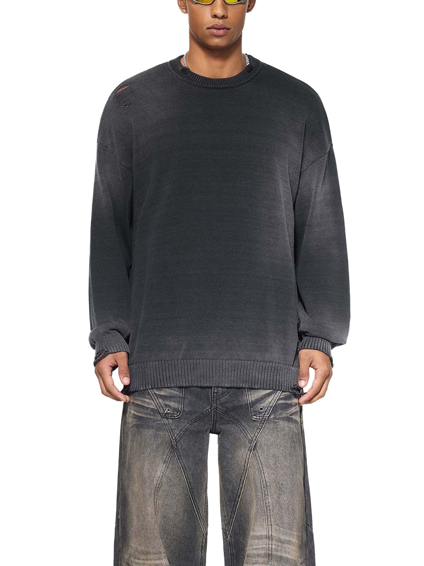 IDGNS LUXURY Sun Fade Distressed Ripped Crewneck sweater IDGNS